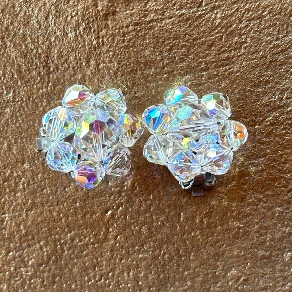 Vintage Jewelry - Vintage Aurora Borealis Crystal Bead Cluster Clip-On Earrings Retro Sparkling